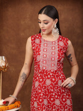 Women's Red Printed & Embroidered Rayon A-Line Kurta Dupatta Set-KDREDBULL